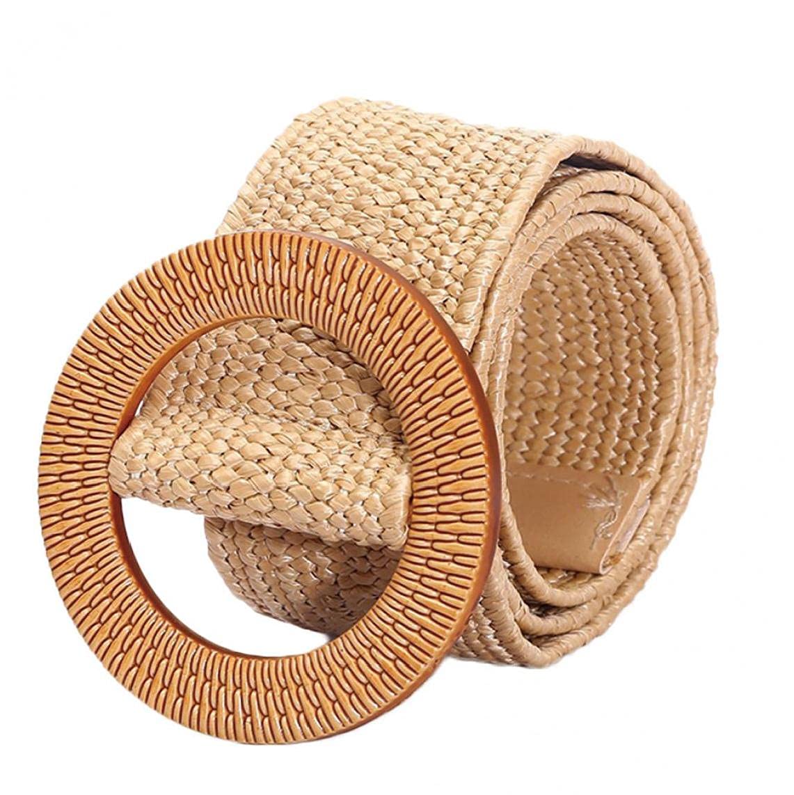 Tossper Women's Khaki Straw Braided Belt Adjustable Stretch Waistband With Round Buckle Casual Woven Waist Belt For Dress Jeans