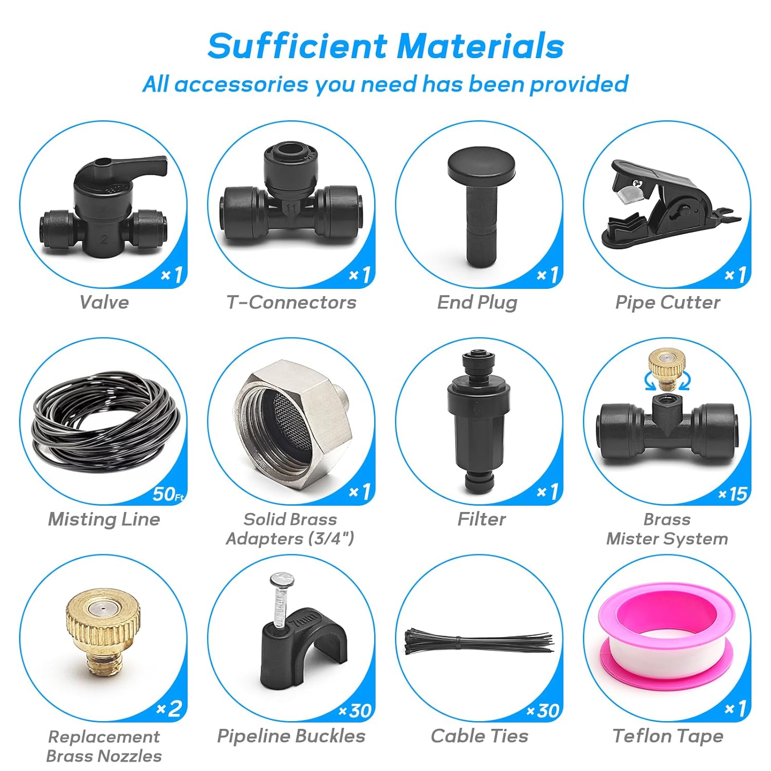 Misting Cooling System, 50FT (15M) Misting Line + 15 Brass Mist Nozzles + 3/4" Brass Adapter + Filter, Outdoor Mister for Patio, Garden, Greenhouse, Pasture, Fan, Canopy, Pool Porch