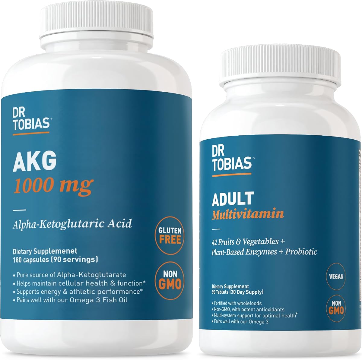Dr. Tobias AKG Suplemento y multivitamina para adultos: respaldo integral de energía celular y nutrientes para el bienestar y la vitalidad general, vegano, sin OGM