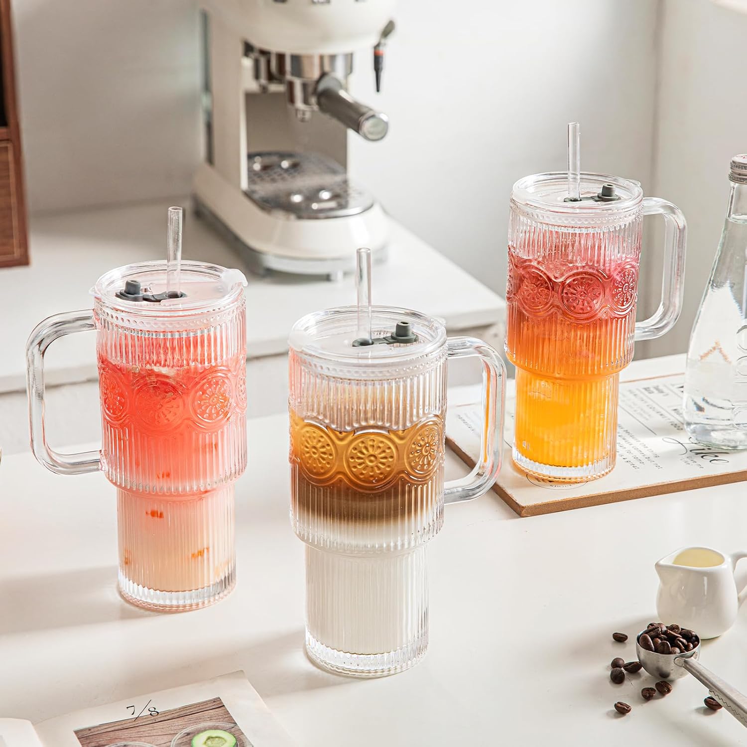 INSETLAN 26oz Ribbed & Floral Glass Tumblers with Handle and Lid, Set of 2 –Reusable Iced Coffee Cups with Straw, Glass Mugs for Water, Smoothies, Tea, and Juice – Ideal for Travel & Daily Use - Image 8