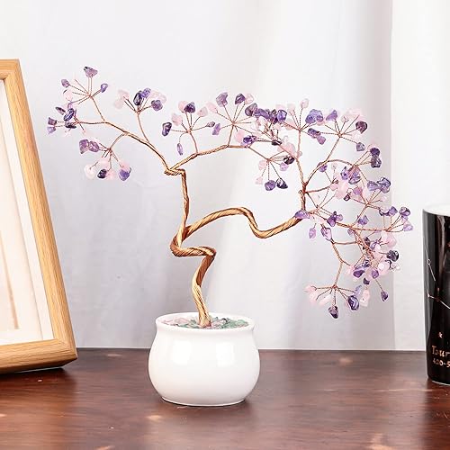 Miniatura 2 de rockcloud Árbol de dinero Fengshui con piedra de cristal de cuarzo rosa de 8.5 pulgadas con base de cerámica para buena suerte, riqueza, hogar