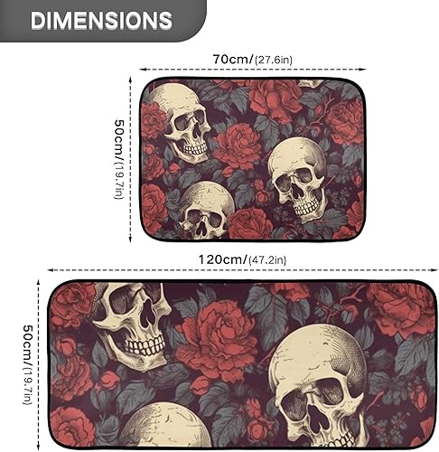 Miniatura 3 de ZENWAWA Juego de 2 tapetes de cocina para piso, diseño vintage de calavera de rosa roja, antideslizantes, acolchados, absorbentes de agua, tapetes