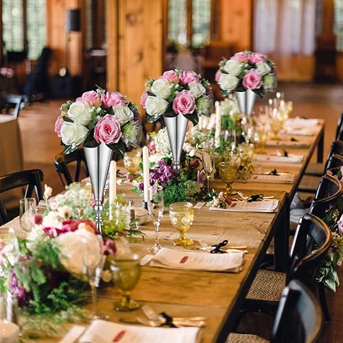 Miniatura 8 de Sziqiqi Juego de 2 centros de mesa altos metálicos para mesas de recepción de boda Florero dorado con soporte Decoración de base para fiestas,