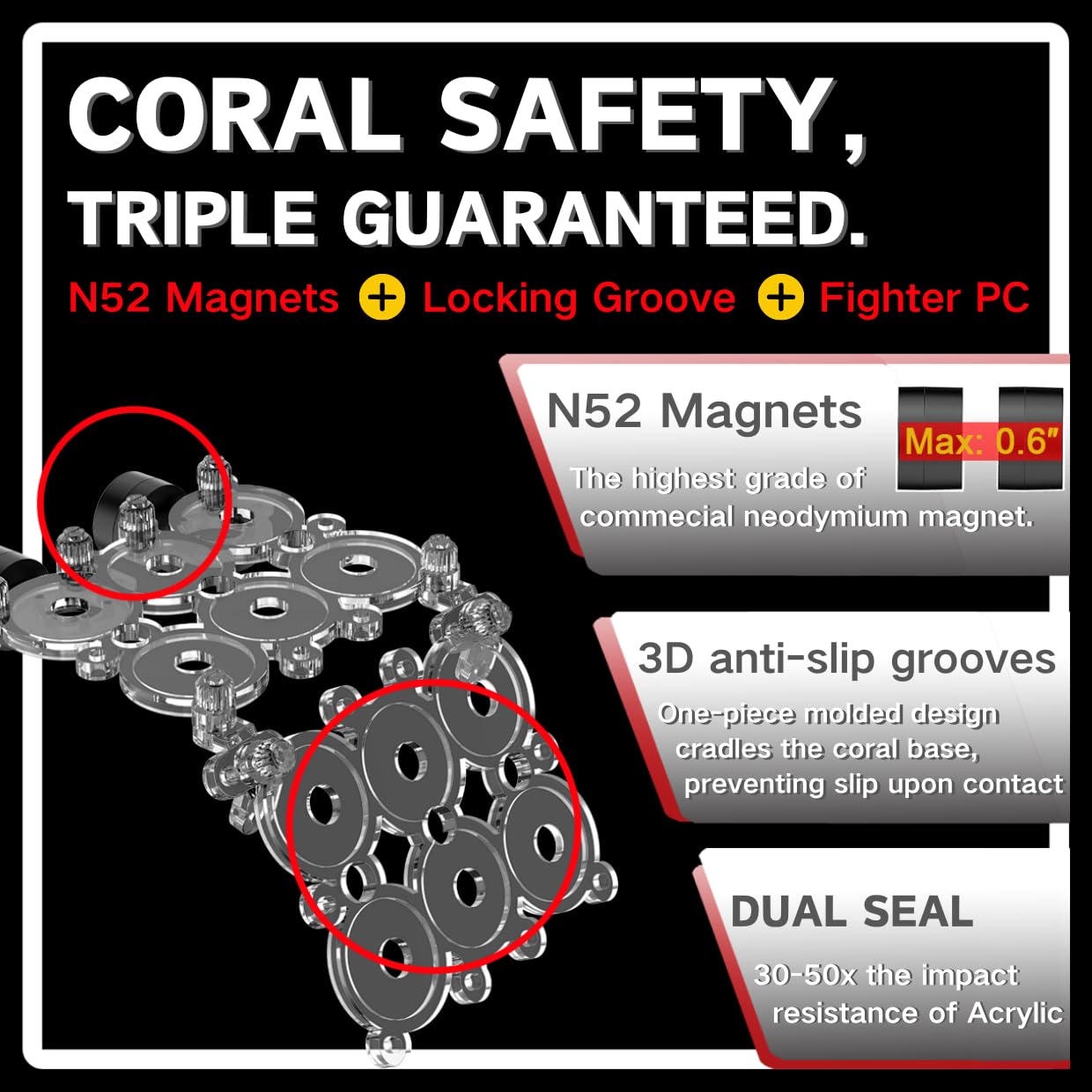 Korallenstecker-Halter für Aquarien, kein Acryl-Frag-Rack, Magnethalter, Riffmagnete (PC-Korallenhalter mit 12 Frag-Stecker), bis zu 1,5 cm Glas, N52, stark magnetisch