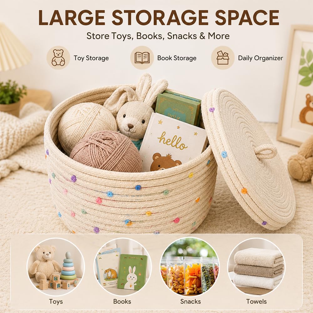 2 Pezzi Cestino in Corda di Cotone con Coperchio Cestino Portaoggetti Intrecciato con Coperchio Decorativi Intrecciati con Coperchio di Cotone Rotondo per Snack Asciugamani Cestello Giocattolo