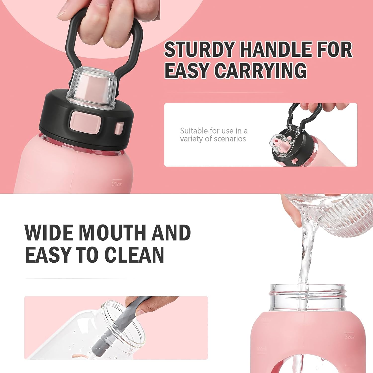 Kodrine Water Bottle With Straw and Carry Handle, Glass Water Bottle 24 oz Leak Proof Locking Lid with Soft Silicone Spout, Reusable Drinking Cups for Travel Sports with Time Marker,Pink - Image 5