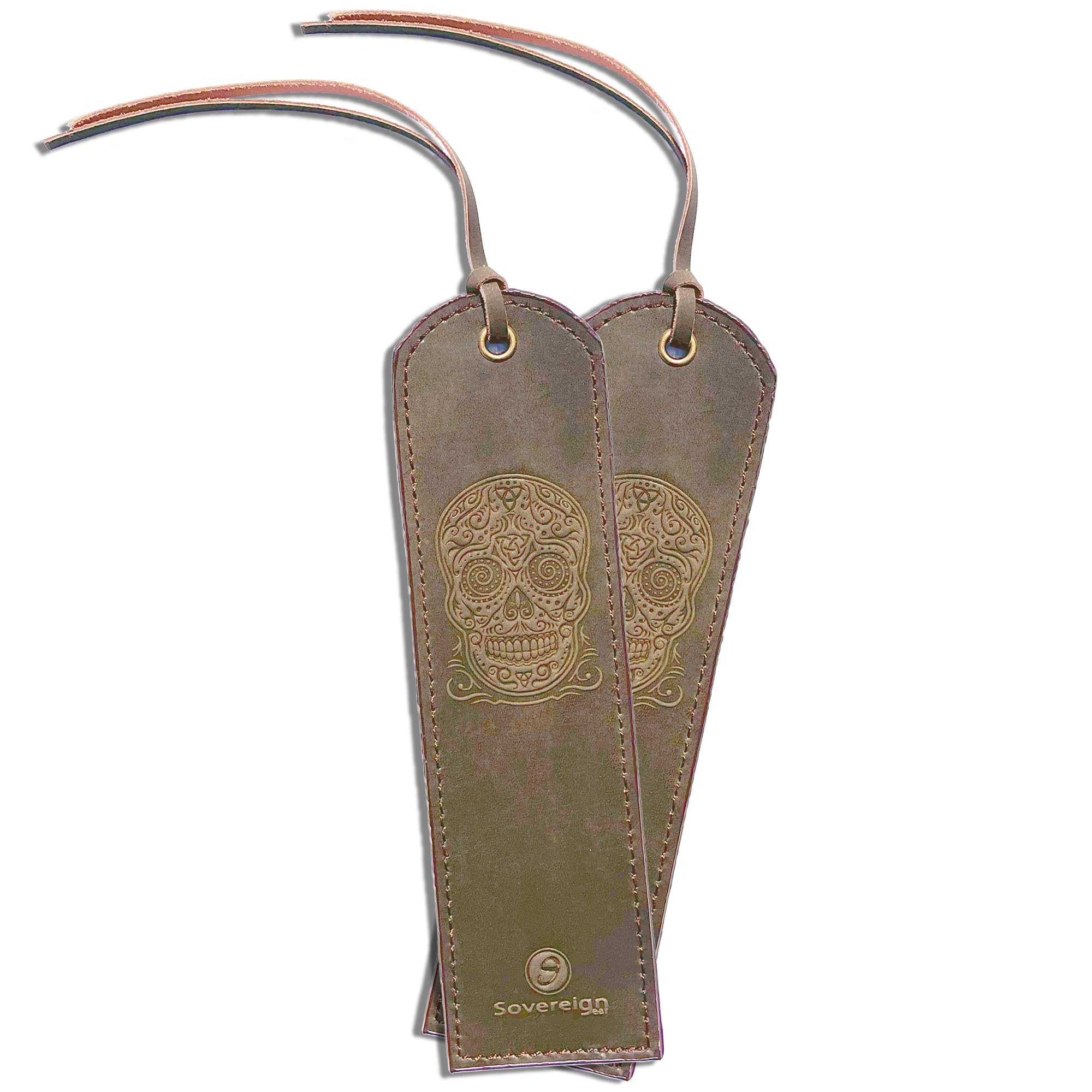 Leather Bookmark Handmade with Sugar Skull Design - 2 Genuine Leather Book Marks for Reading - Unique Bookmarks for Men Women Girls