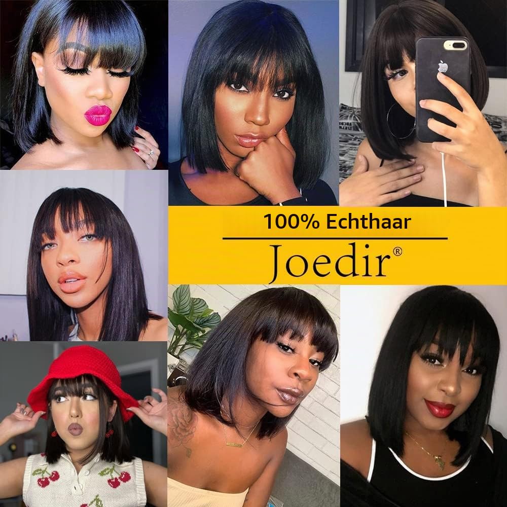 Joedir Straight Bob Perücke mit Pony 20 CM brasilianische kurze Echthaar-Perücken Schwarze Bob Perücke Echthaar keine Spitze vorne Kleberlose Perücken für Frauen