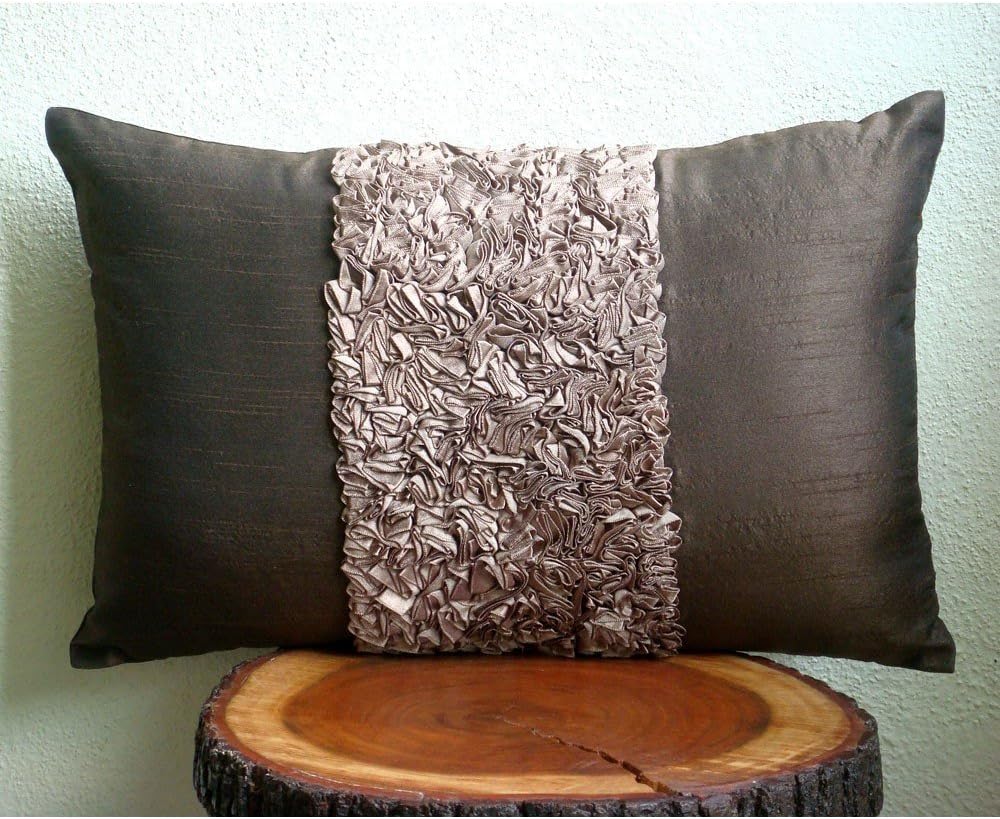 The HomeCentric 12x22 inch (30x55 cm) Lumbar Pillow Cover, Brown Lumbar Pillow Cover, Textured Ribbon Lumbar Pillow Cover, Art Silk Rectangle Throw Pillow Covers, Modern - Chocolate Cream