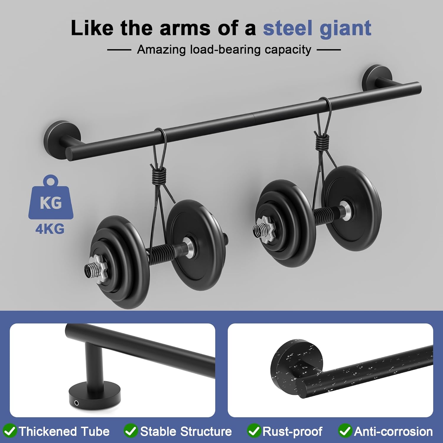 Matte Black Towel Bar, 18 Inch Towel Racks for Bathroom Wall Mounted, SUS304 Stainless Steel Bathroom Towel Holder, Total Length 20.4 Inch Towel Bars - Image 3