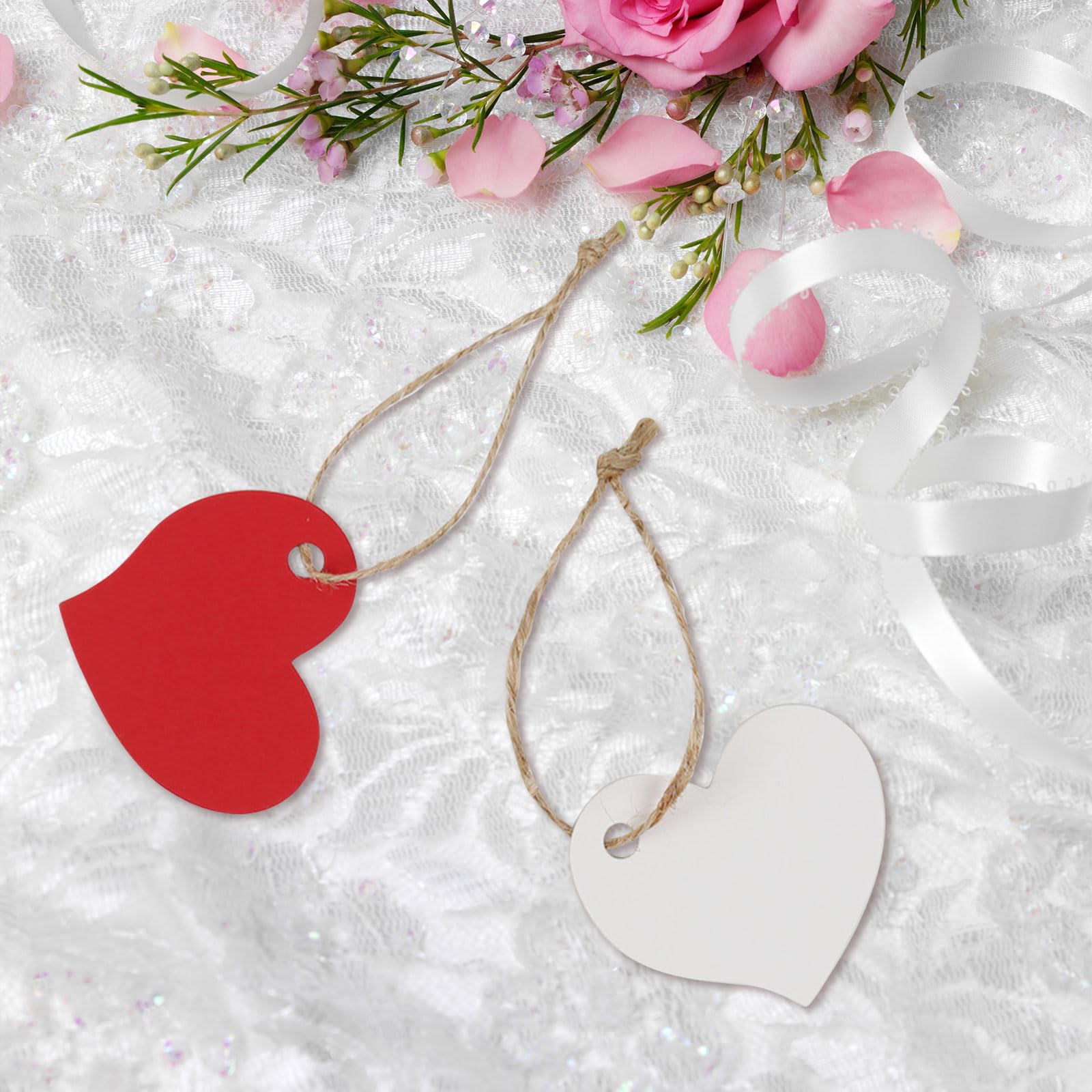 200 Etichette Regalo A Forma Di Cuore In Cartone Con Corda Di Canapa – Rosa E Bianco, Vuote Per Fai Da Te, Matrimonio, San Valentino - 5