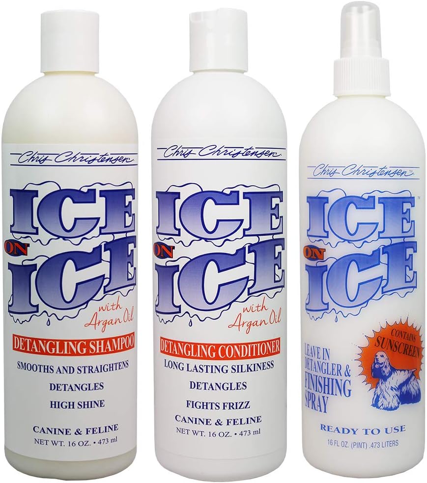 Chris Christensen Ice on Ice Bag Deal 64 - Detangling Shampoo, Conditioner & Finishing Spray for Dogs - Ice on Ice Bag Deal 16oz – High…