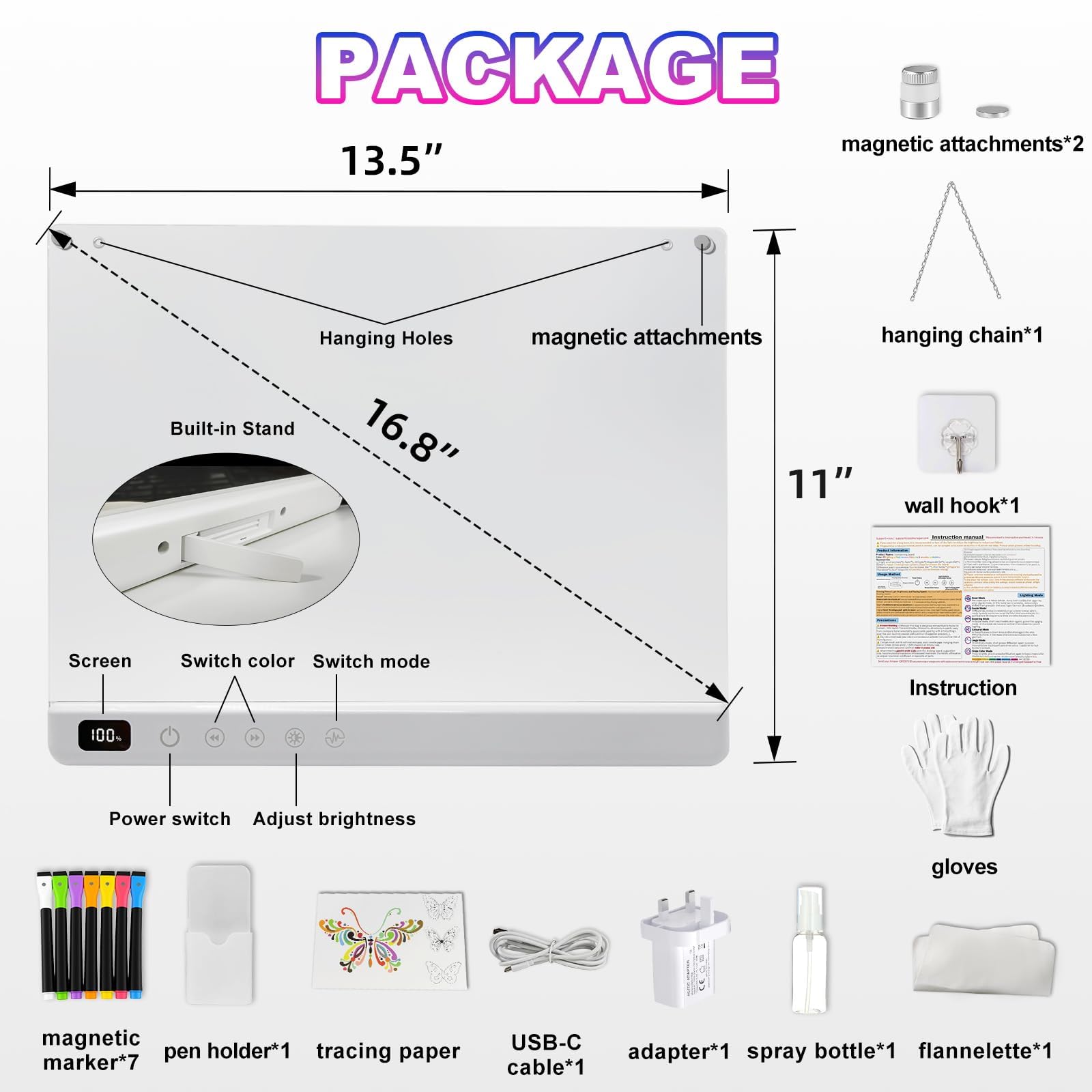 Tavola da disegno a LED per bambini con 13 effetti di luce, 35 x 25 cm, ricaricabile, lampada da disegno a LED con colori, luce al neon, regalo per Natale e compleanno