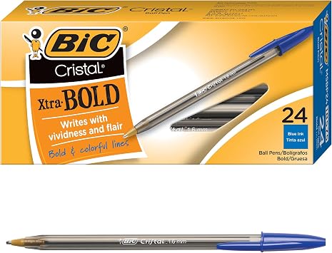 BIC Cristal Extra Smooth Ballpoint Pen, 24 Count | Bold 1.6mm nib for vivid lines, convenient pack of 24 pens. Translucent barrel shows ink level