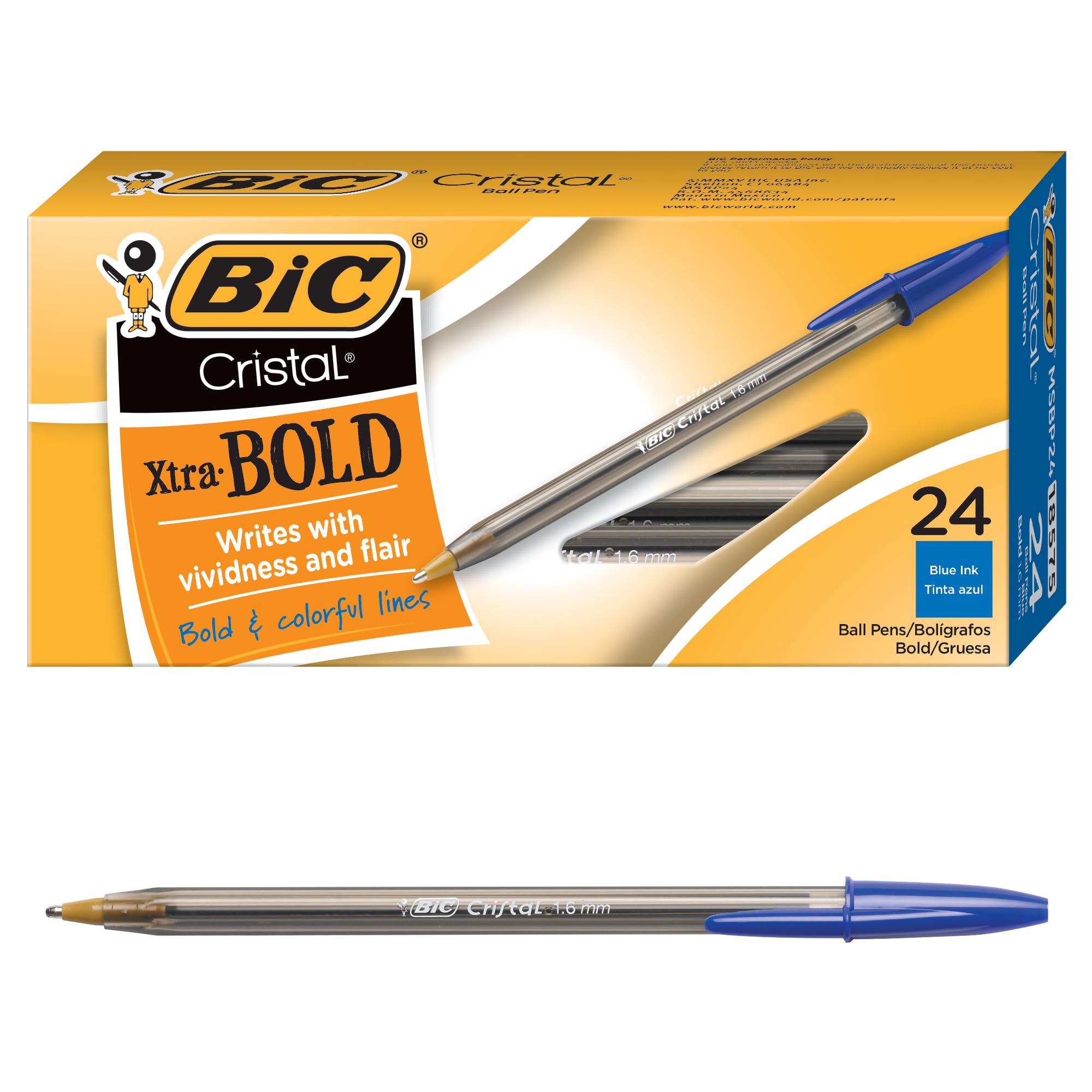 BIC Cristal Xtra Bold Ballpoint Pen, Bold Point (1.6mm) for Vivid and Dramatic Lines, Blue, 24 Count