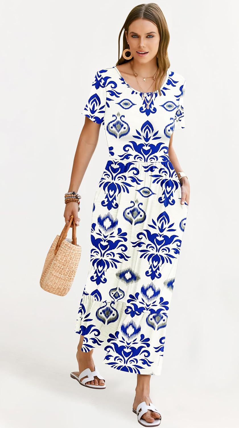 AUSELILY Womens Summer Dresses 2025 Short Sleeve Maxi Dress Crewneck Casual Sundresses with Pockets - Image 2