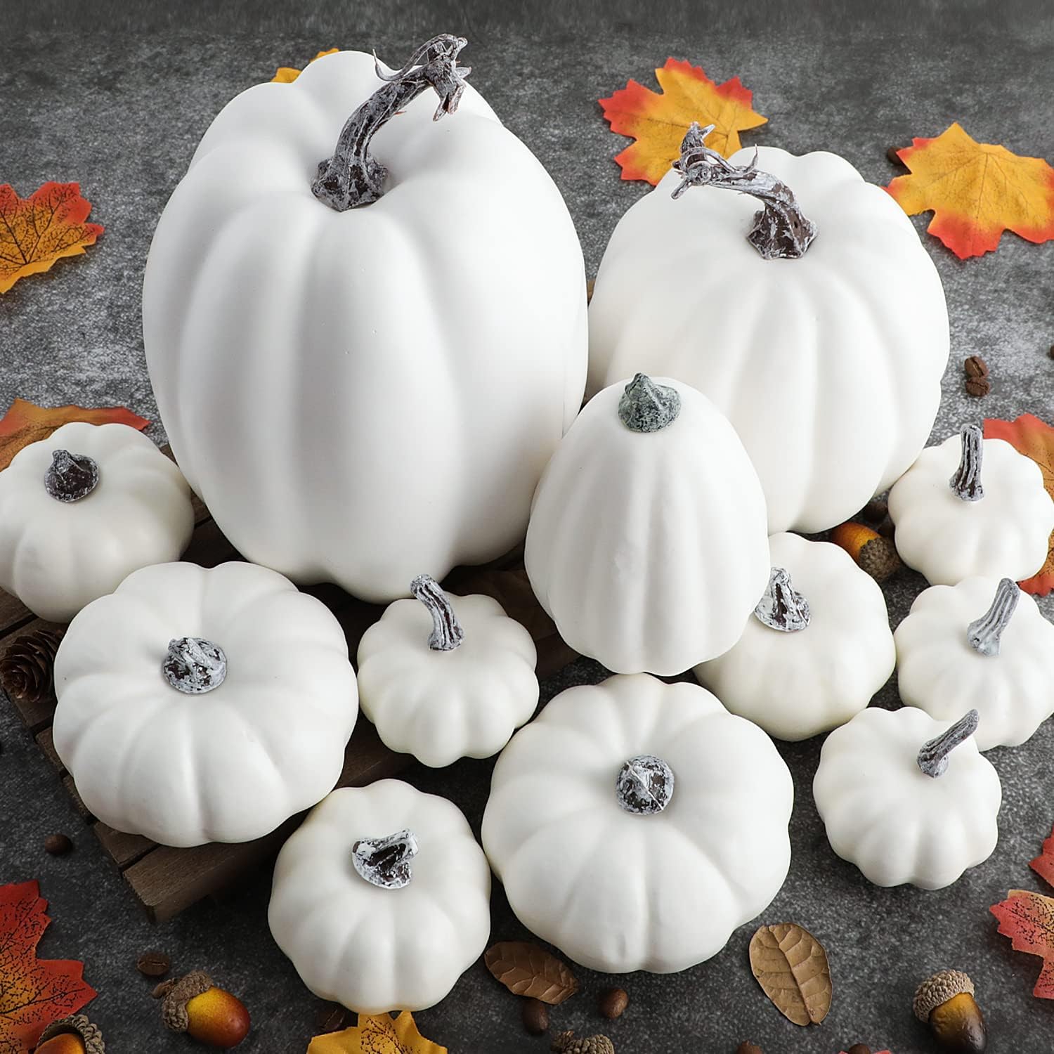 Ywlake Pumpkin Fall Decorations, Decorative Large Small Outdoor White Foam Plastic Fake Faux Artificial Pumpkins for Halloween Autumn Harvest Festival Home Table Decor 12pcs