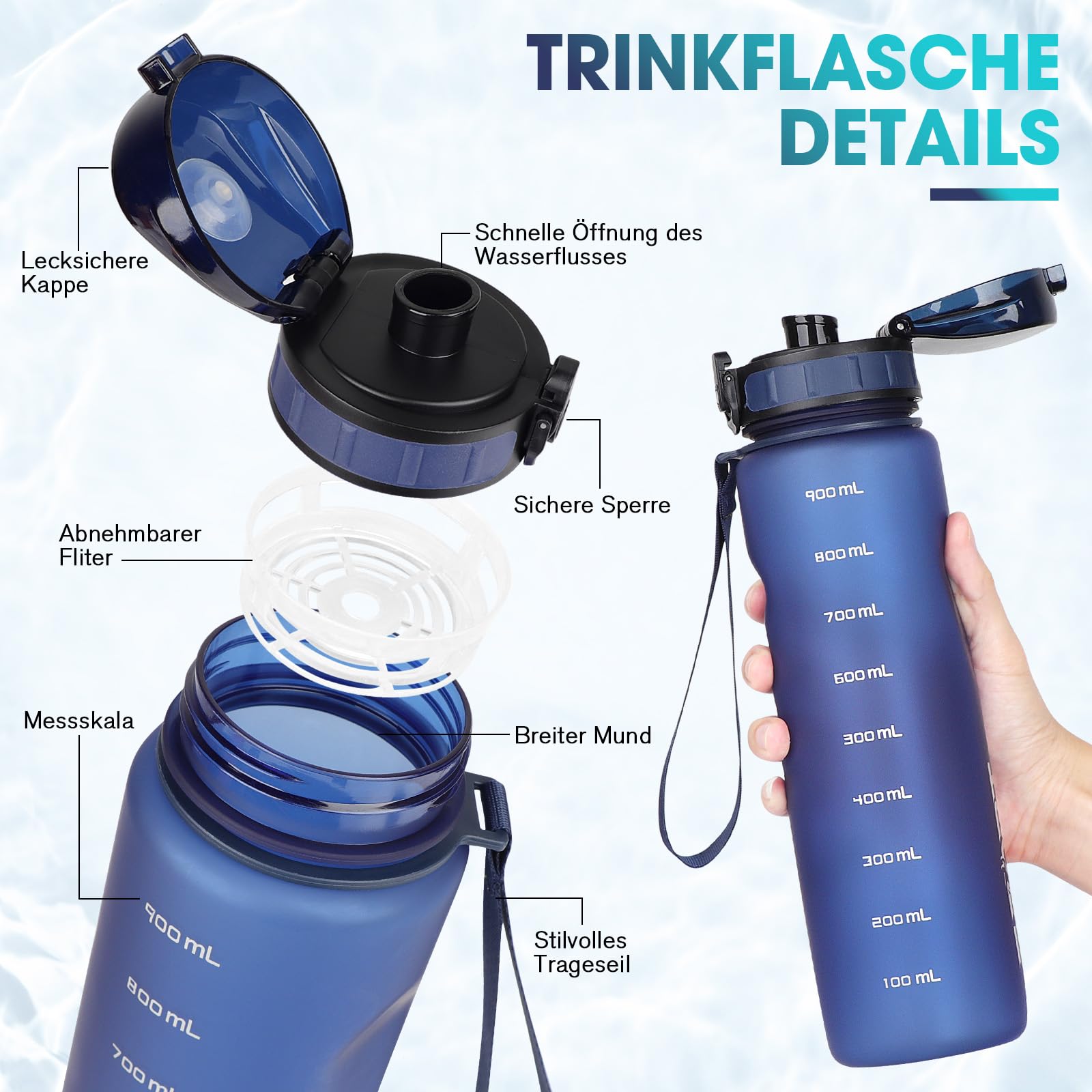 AOPREL Borraccia sportiva da 1 l, adatta agli acidi gassati, a prova di perdite, per bicicletta, senza BPA, con scala di capacità per attività all'aperto, scuola, campeggio