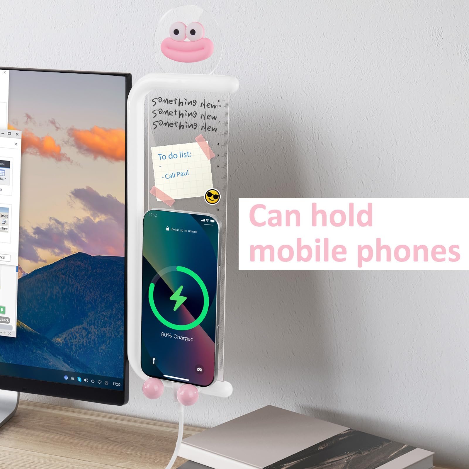 MEGREZ Lavagna promemoria per monitor, pannello messaggi in acrilico per computer, bacheca trasparente per monitor, supporto laterale per accessori da scrivania da ufficio, destra, bianca