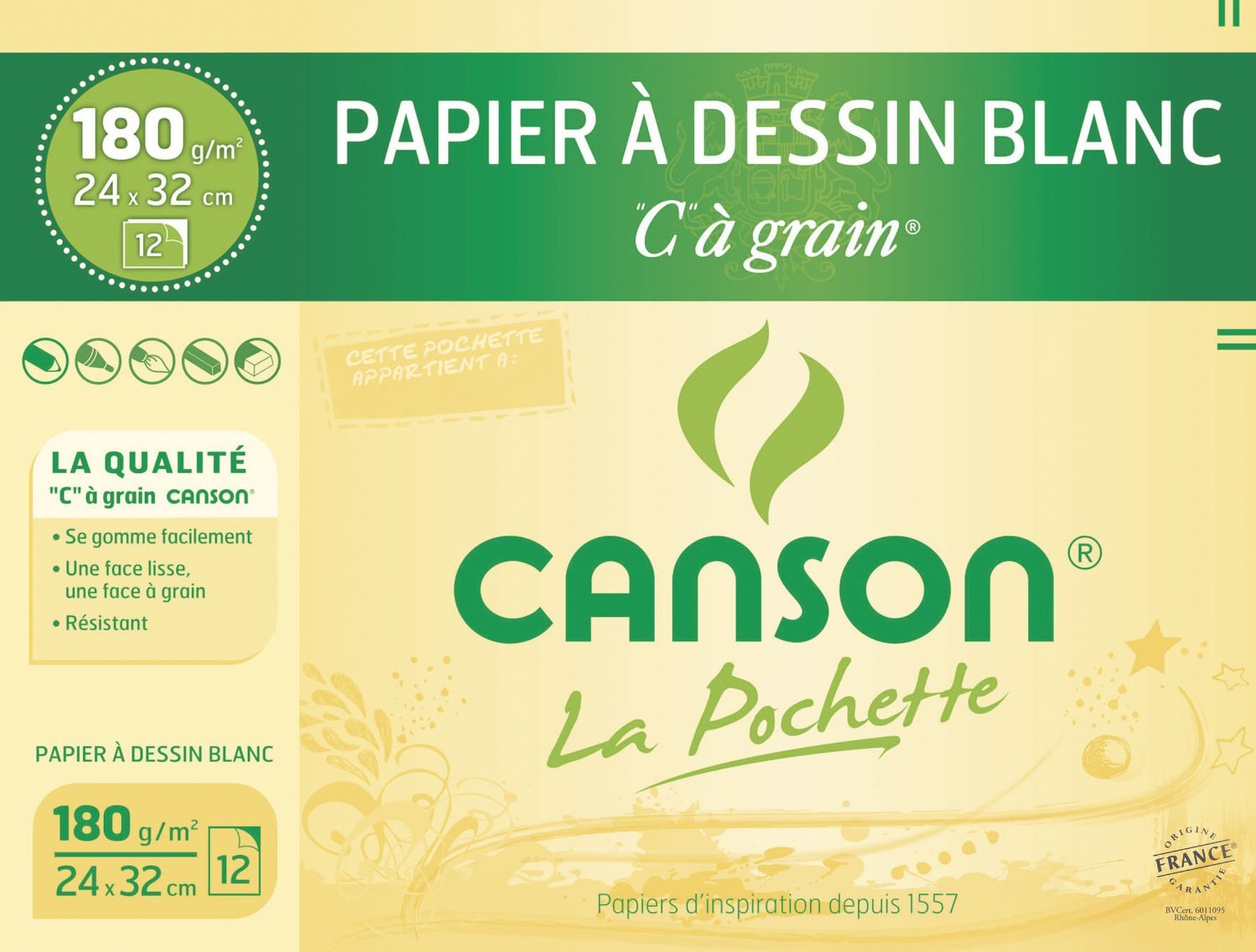 CANSON Lot de 10 Pochettes de 12 feuilles Papiers à dessin "​C" à grain 320 x 240 mm 180 g