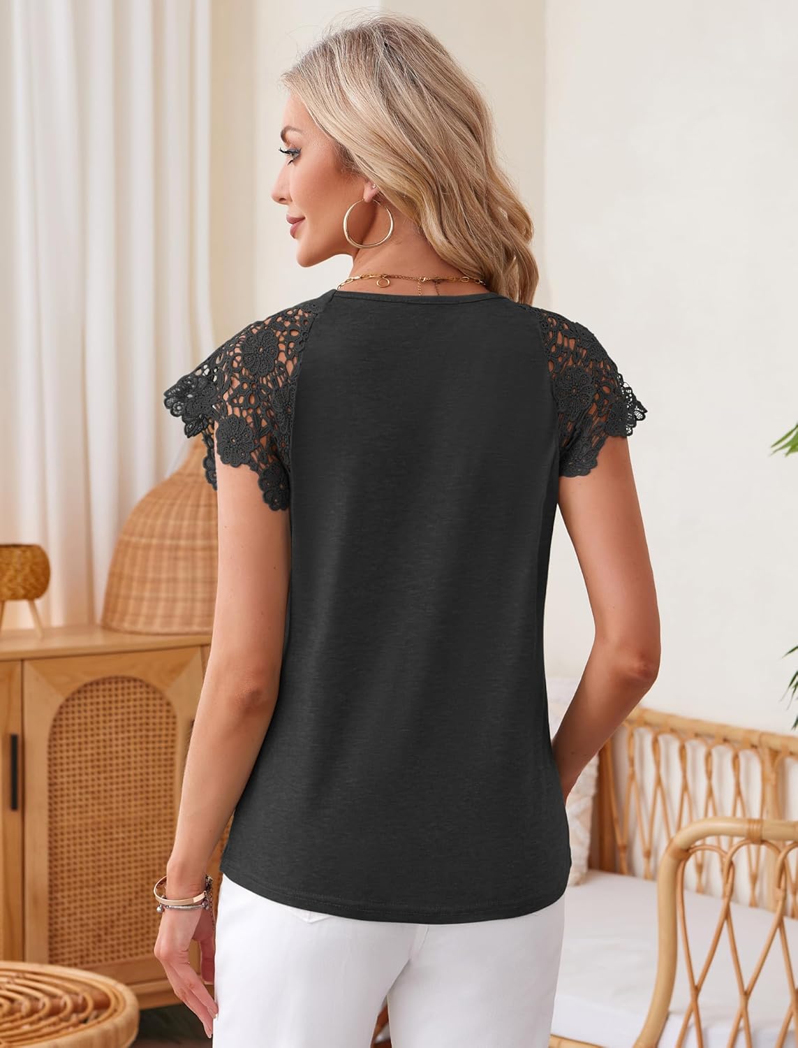 Angashion Womens Tops Lace Short Sleeve Casual V Neck Tunic with Button Summer Elegant Business Work Blouse - Image 6
