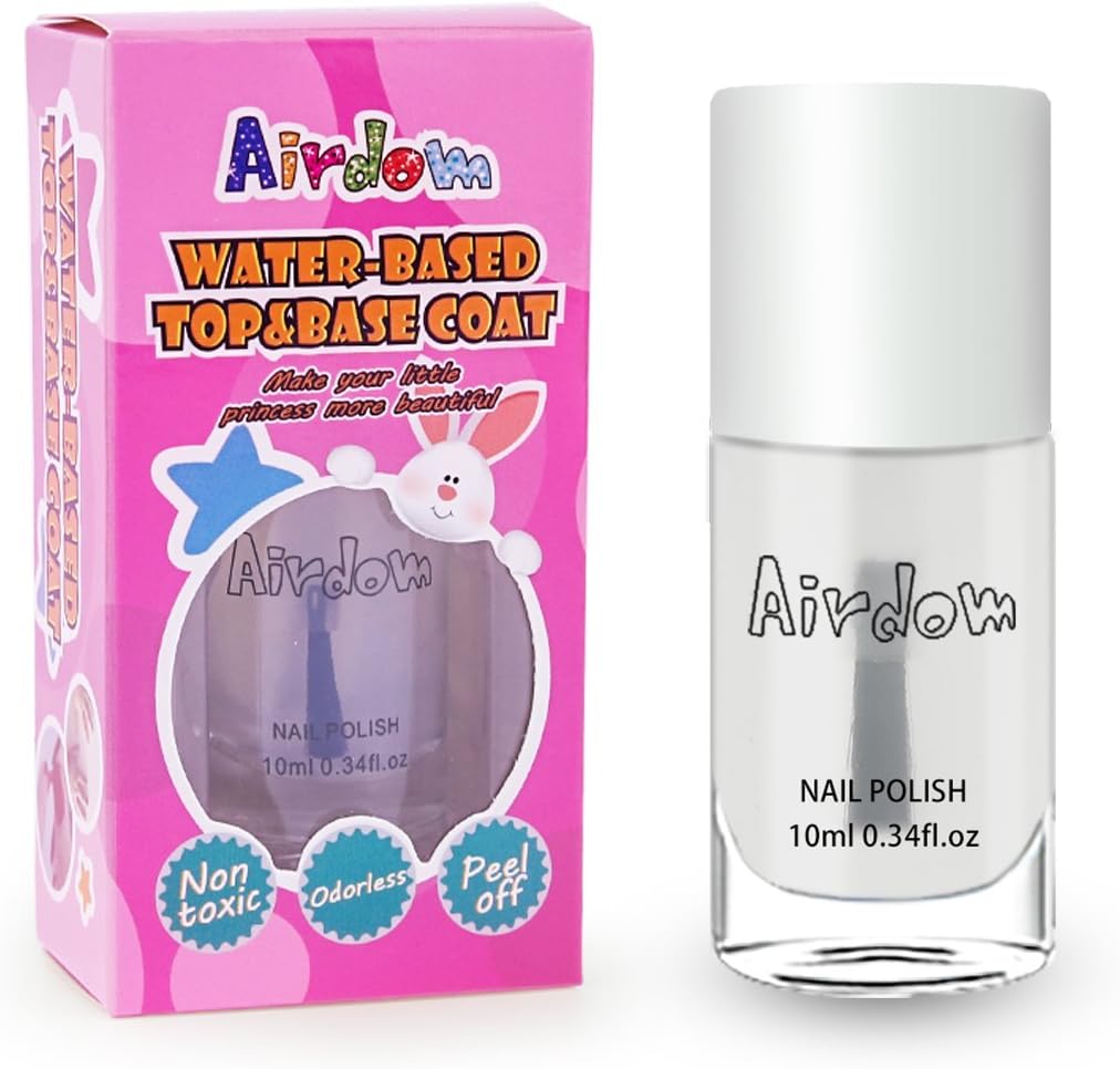 Non Toxic Kids Nail Polish Water Based Natural Odorless Safe Peel Off Nail Polish Set Quick Dry Nail Polish Gifts Toys Kit for Girls Kid (Top & Base Coat)