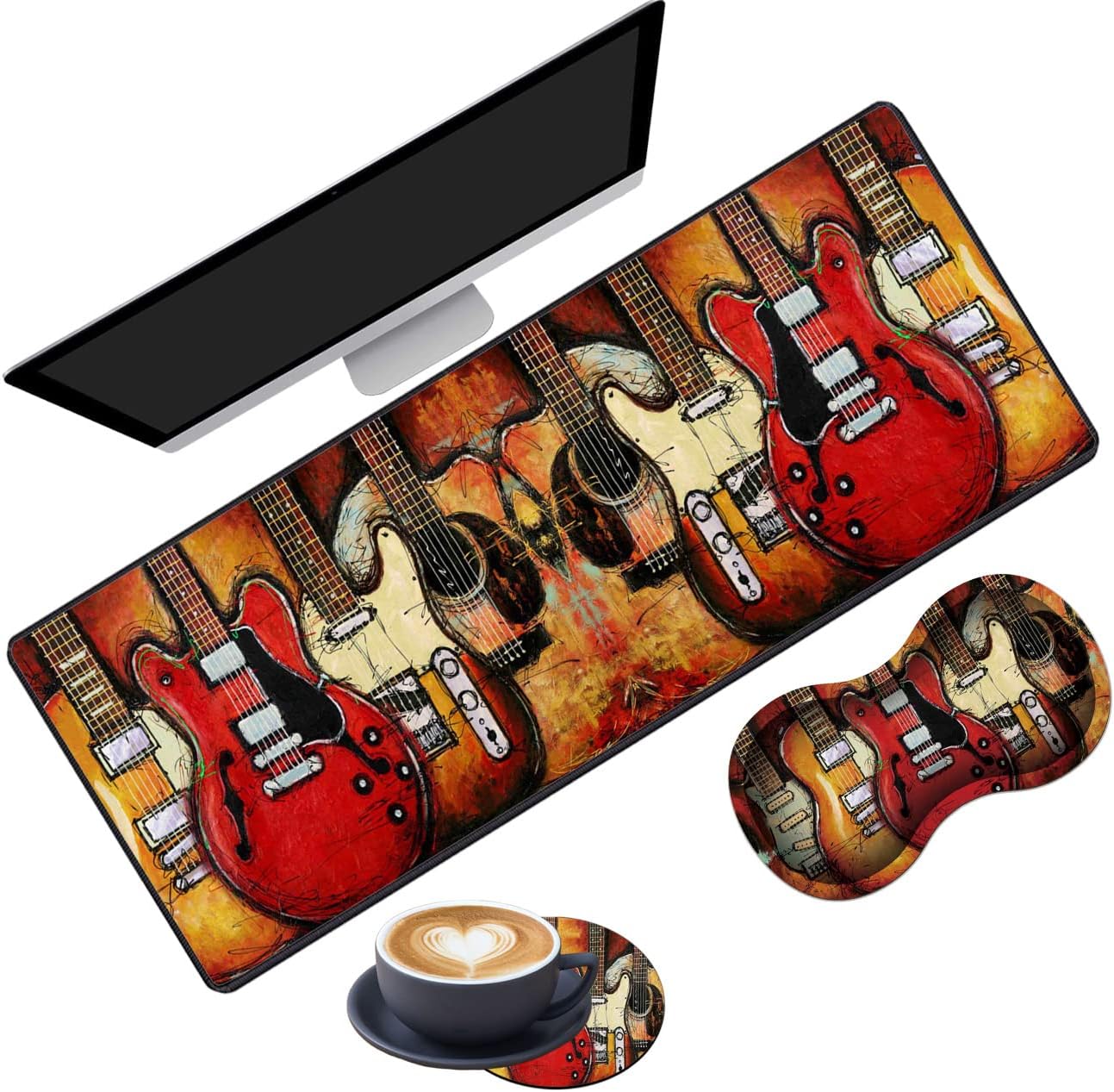 Extended Gaming Mouse Pad Desk Pad Keyboard Pad, Mouse Wrist Rest and Coaster, Anti-Slip Rubber Base Mouse Pad, Suitable for Gaming and Office, Guitar
