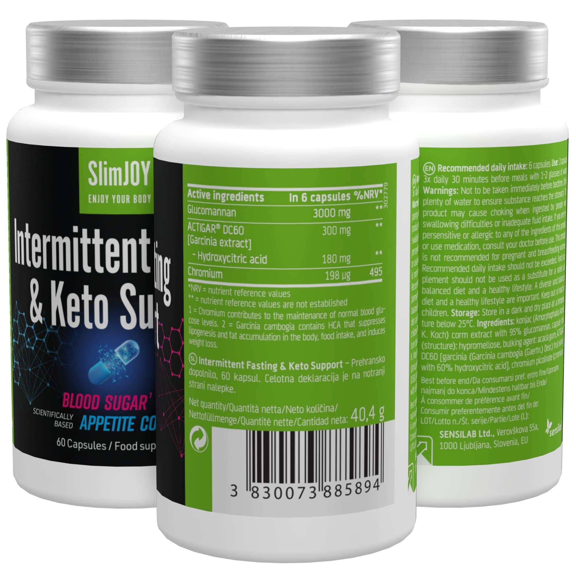 Abnehmen – Intermittent Fasting und Keto Support – 3000 mg Glucomannan aus der Konjac-Wurzel, 300 mg Garcinia Cambogia und Chrom – 180 Kapseln – mit Kostenloser E-Book-Ratgeber – SlimJOY Sensilab