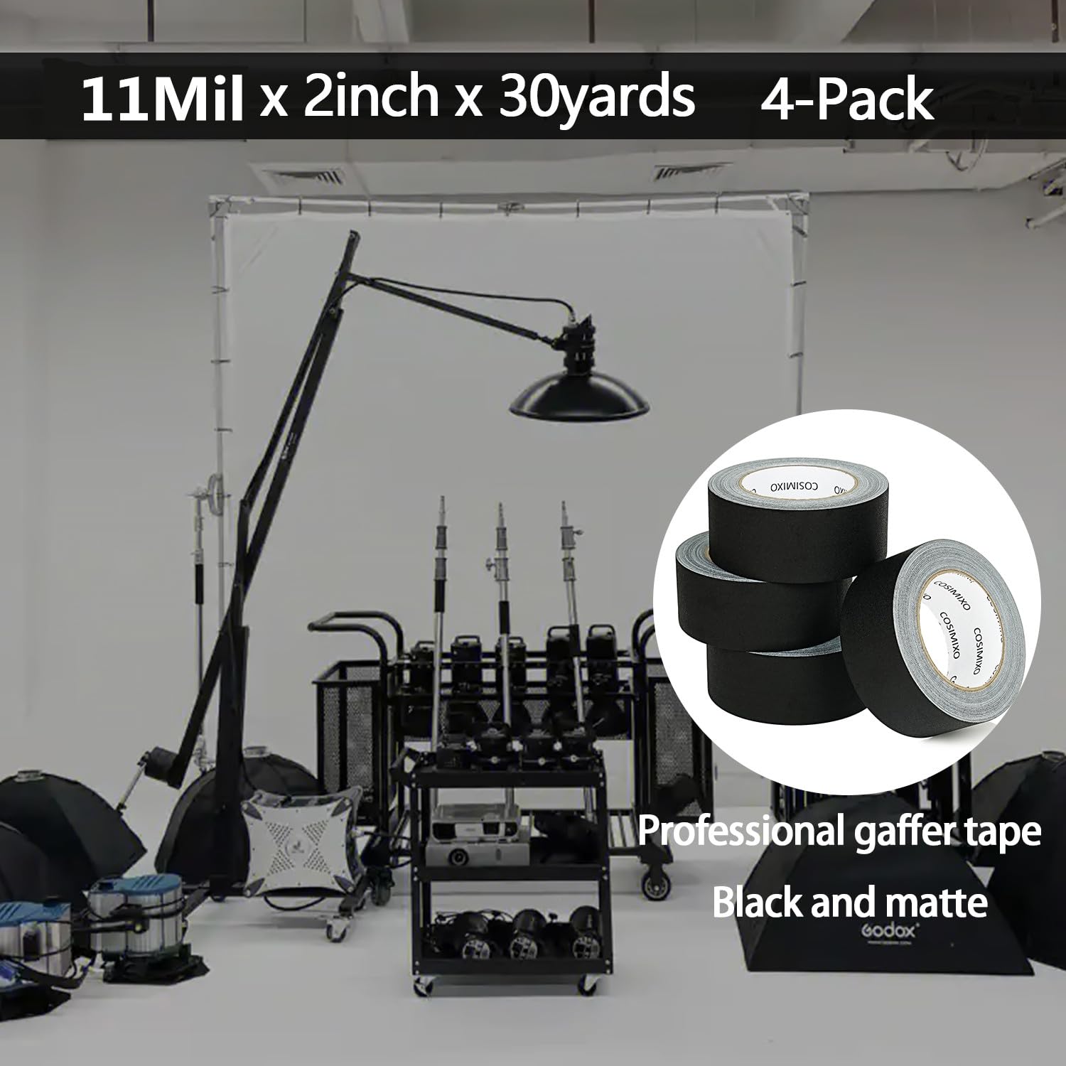 COSIMIXO Paquete de 4 cintas adhesivas negras de 30 yardas x 2 pulgadas, impermeables, sin residuos, antirreflejos, fáciles de romper, cinta de tela esmerilada para fotografía, Cen