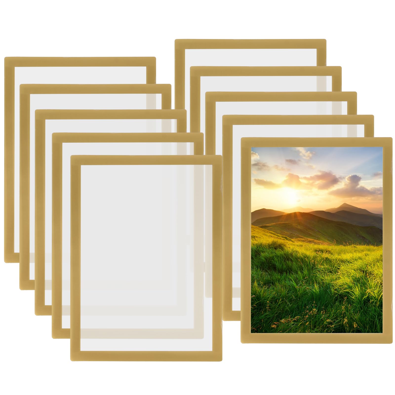 10pcs A4 Frame, A4 Poster Frame Magnetic Photo Frames with Adhesive Backing, (210 X 297mm) A4 Frame Self Adhesive Picture Frames for Paintings Photos Notices Certificate Poster-Gold