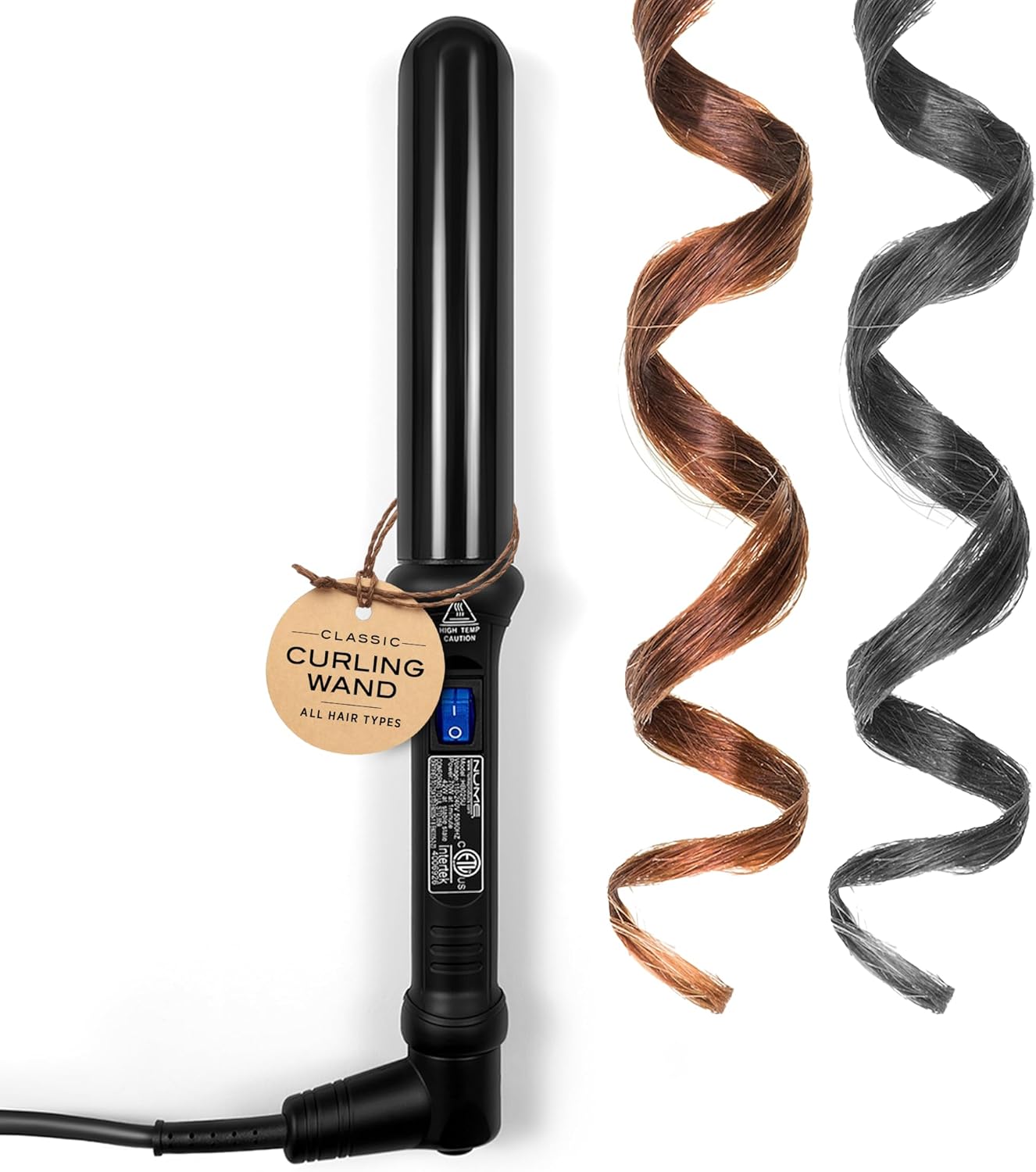 NuMe Classic Ceramic Curling Wand - Tourmaline 1.25 Inch Barrel Hair Curler, Negative Ion Conditioning, Far Infrared Heat - All Hair Types - Black