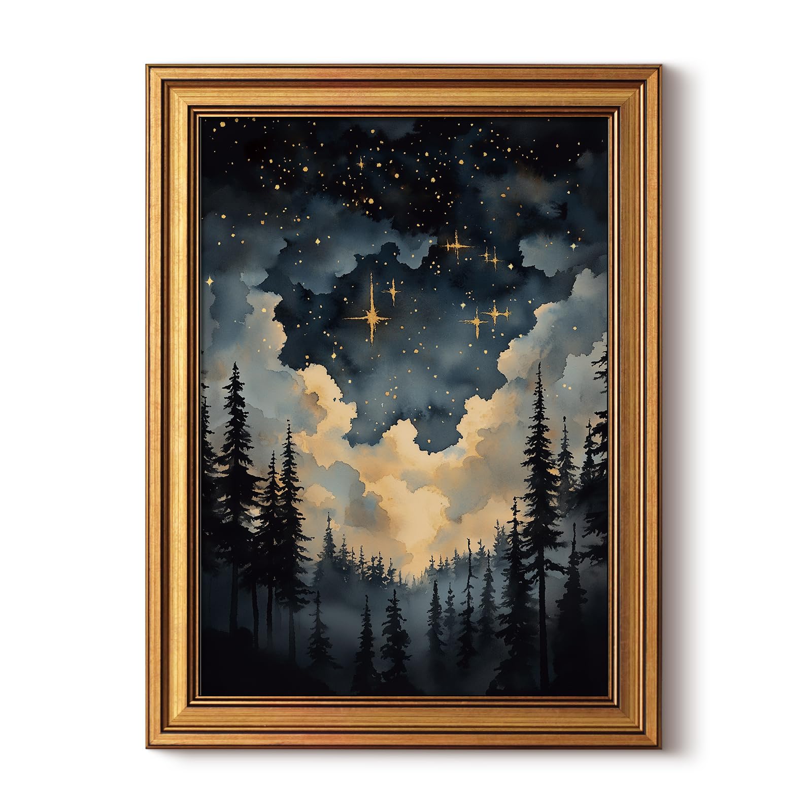 HUARCEY Gold Framed Canvas Wall Art, Celestial Stars Night Picture Decor, Living Room Bedroom Dark Landscape Nature Art, Sky Forest Vintage Canvas