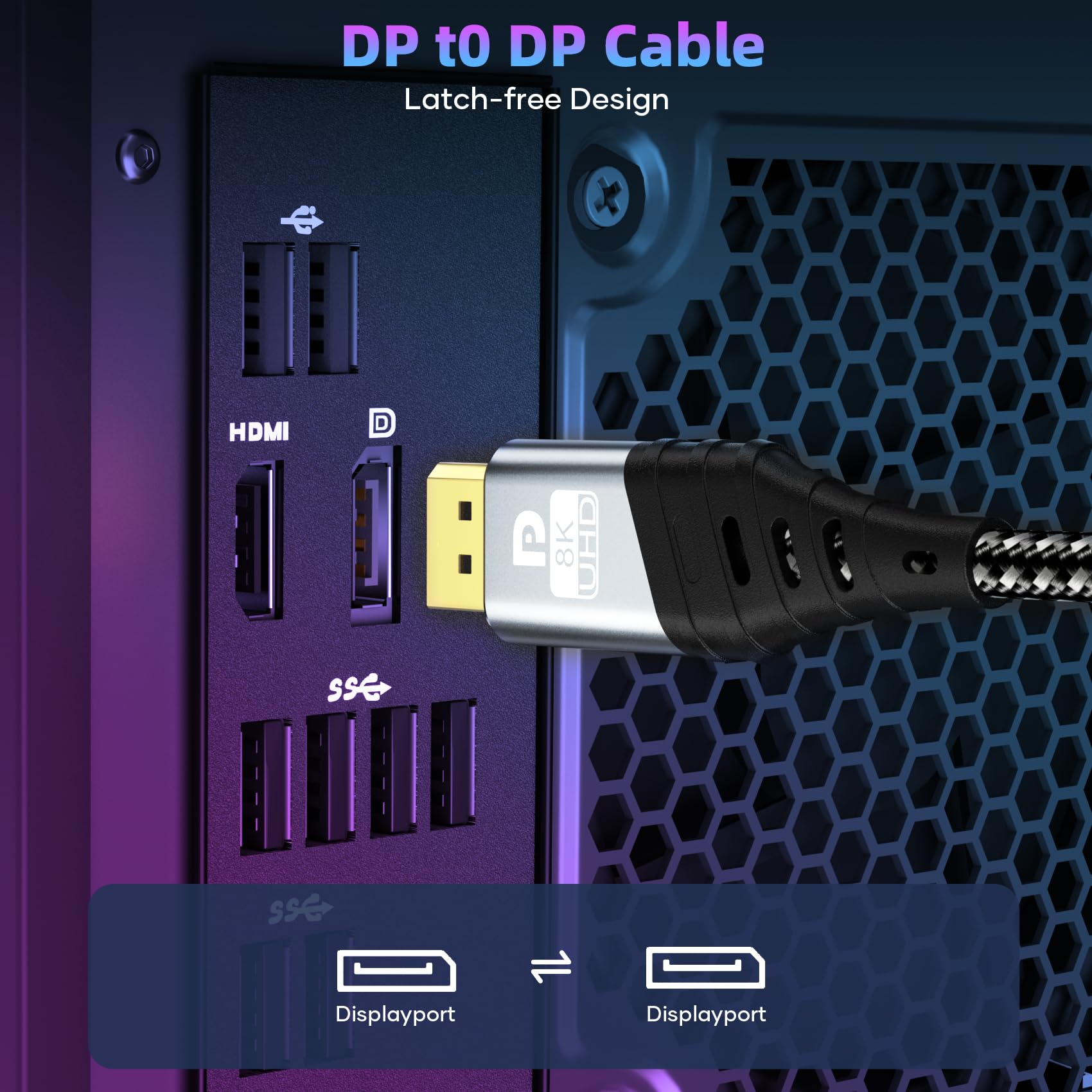 Cable Displayport 1.4 2M - 8K Cable DP 8K@60Hz, 4K@165Hz,2K@240Hz/165Hz/144Hz, HBR3 32.4Gbps, HDR, DSC 1.2, HDCP 2.2, G-Sync&FreeSync, Compatible con PC Monitor Pantallas de Juego