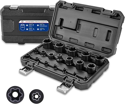 AKM Juego de enchufes Torx Plus externos de 19 piezas, 6 puntos E-Torx Star Torque Juego de zócalos de torque, acero Cr-v EP4-32 con 1/2 pulgadas