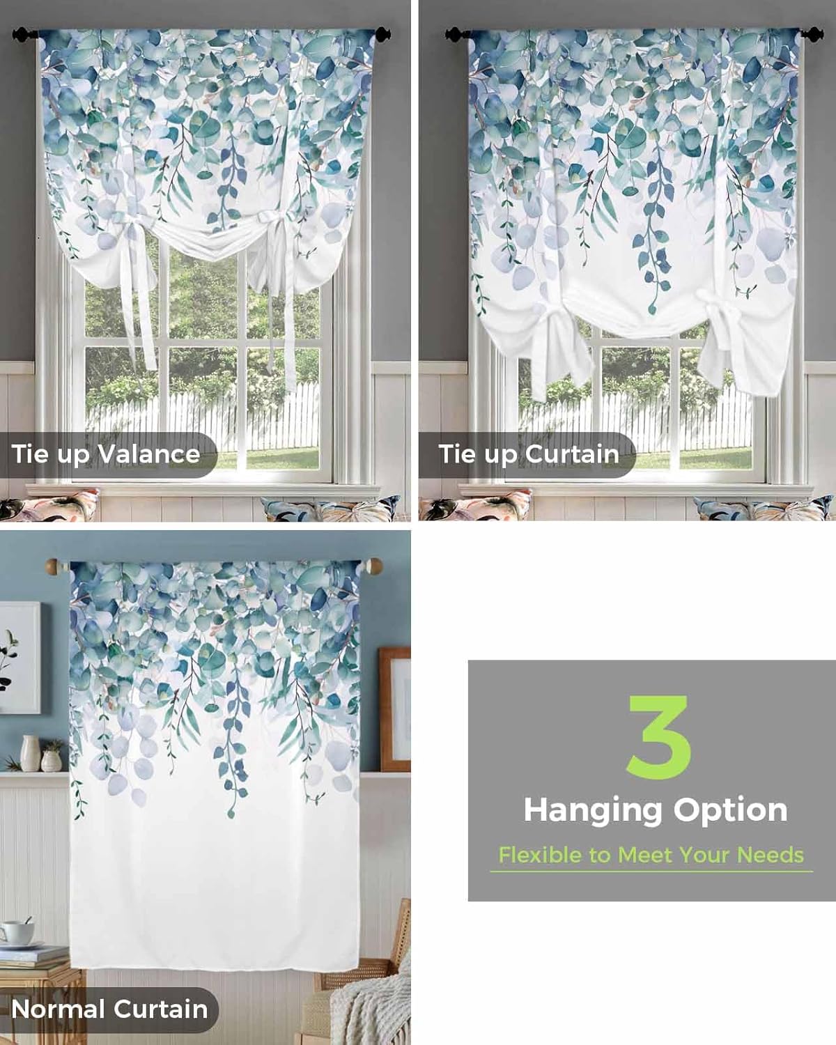 Blue Eucalyptus Tie Up Curtains for Kitchen Bedroom Living Room Windows, Adjustable Tie-Up Shade Rod Pocket Curtain Valance Drape Rustic Botanical Aesthetic Herb Leaves 1 Panel, 34" x 45"