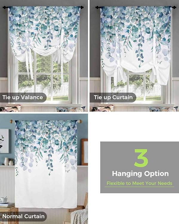 Falaniique Blue Eucalyptus Tie Up Curtains for Kitchen Bedroom Living Room Windows, Adjustable Tie-Up Shade Rod Pocket Curtain Valance Drape Rustic Botanical Aesthetic Herb Leaves 1 Panel, 34" x 45" by Falaniique - Used condition - Image 4
