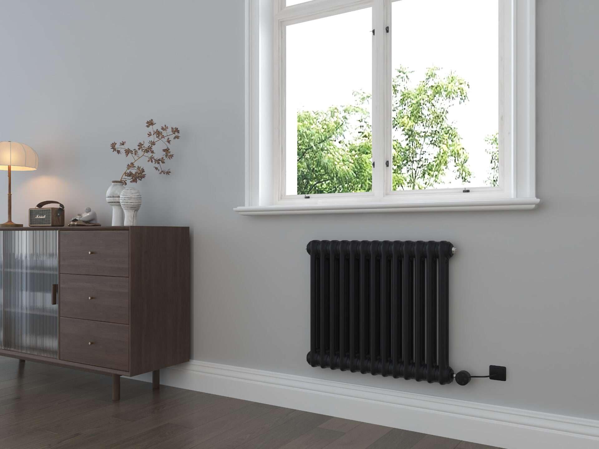 G-Rad Matt Black Electric Column Horizontal Cast Iron Radiator - (H) 600 x (W) 590mm - Modern Streamlined High-Output Radiator - Wall Mounted for Home Living Room Kitchen