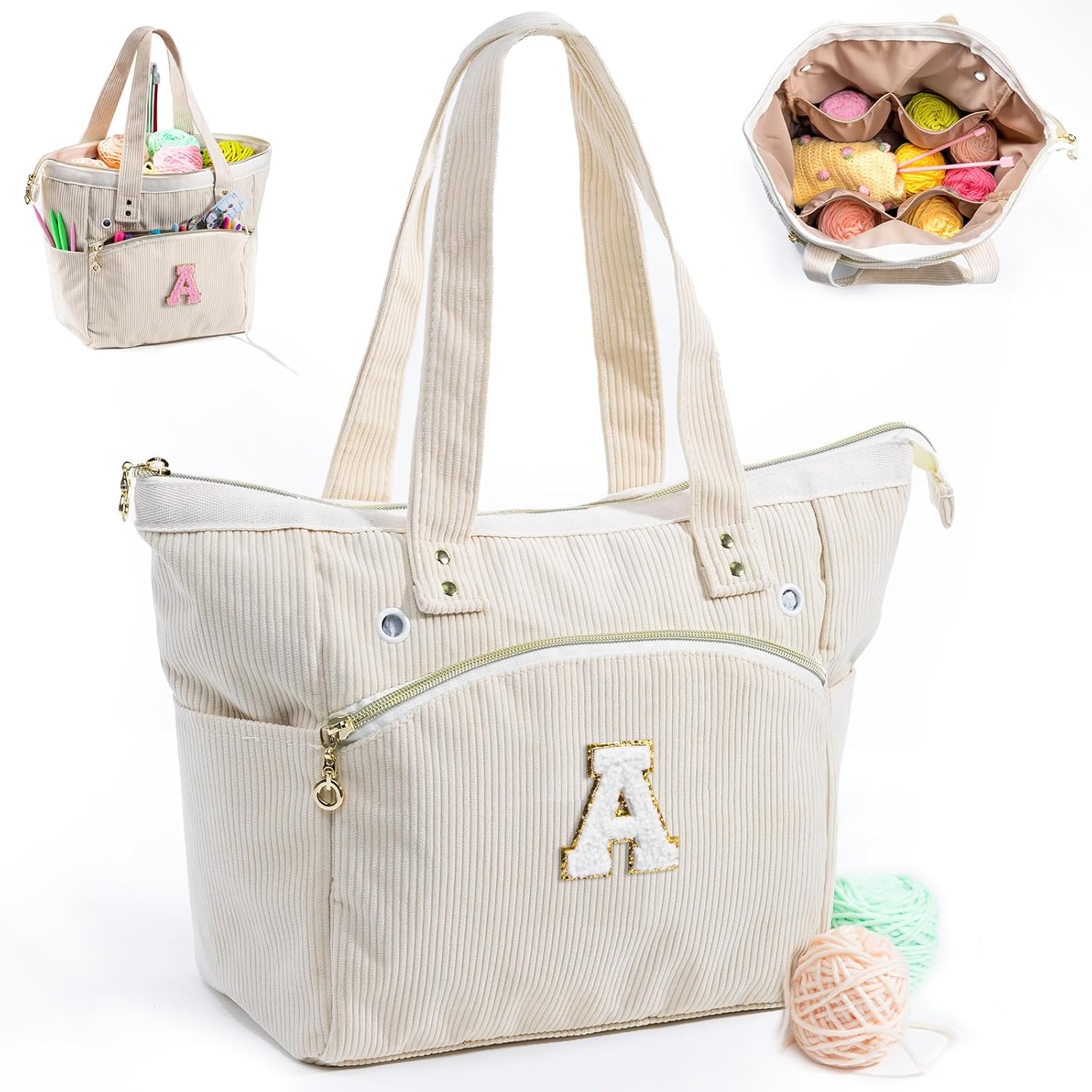Personalized crochet bag tote corduroy yarn storage holder organizer