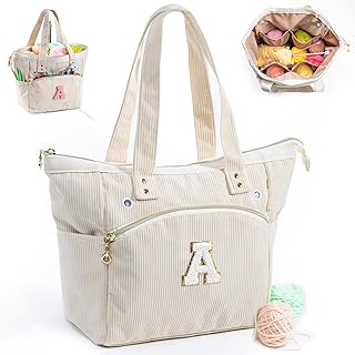 Initial Personalized Crochet Bag Tote - Corduroy Yarn Bag Storage - Yarn...