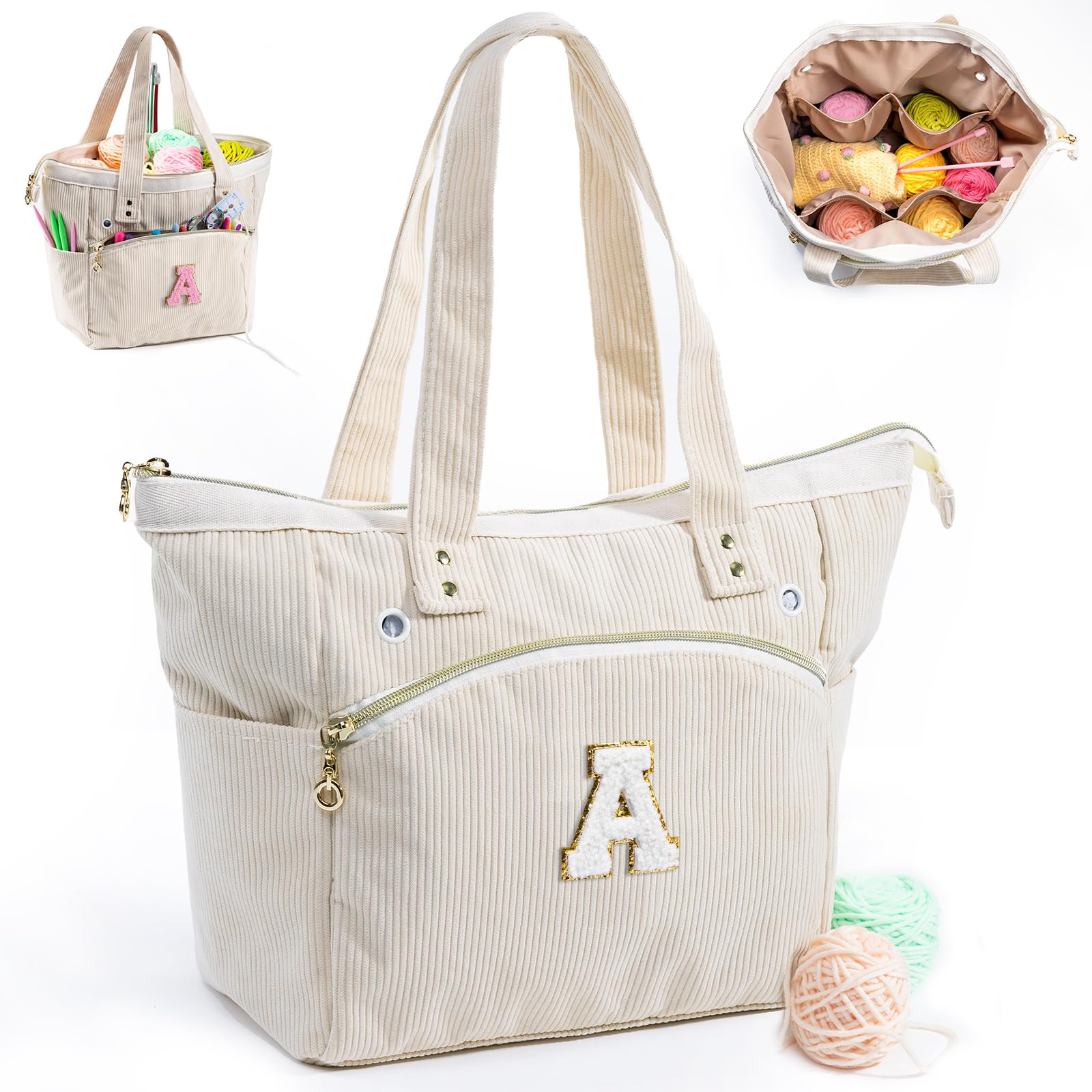 Initial Personalisierte Häkeltasche – Cordgarntasche Aufbewahrung – Garnhalter zum Häkeln – Häkel-Organizer für Häkelnadeln, Häkelzubehör, Projekttasche, Stricktasche, Häkelliebhaber, Geschenk