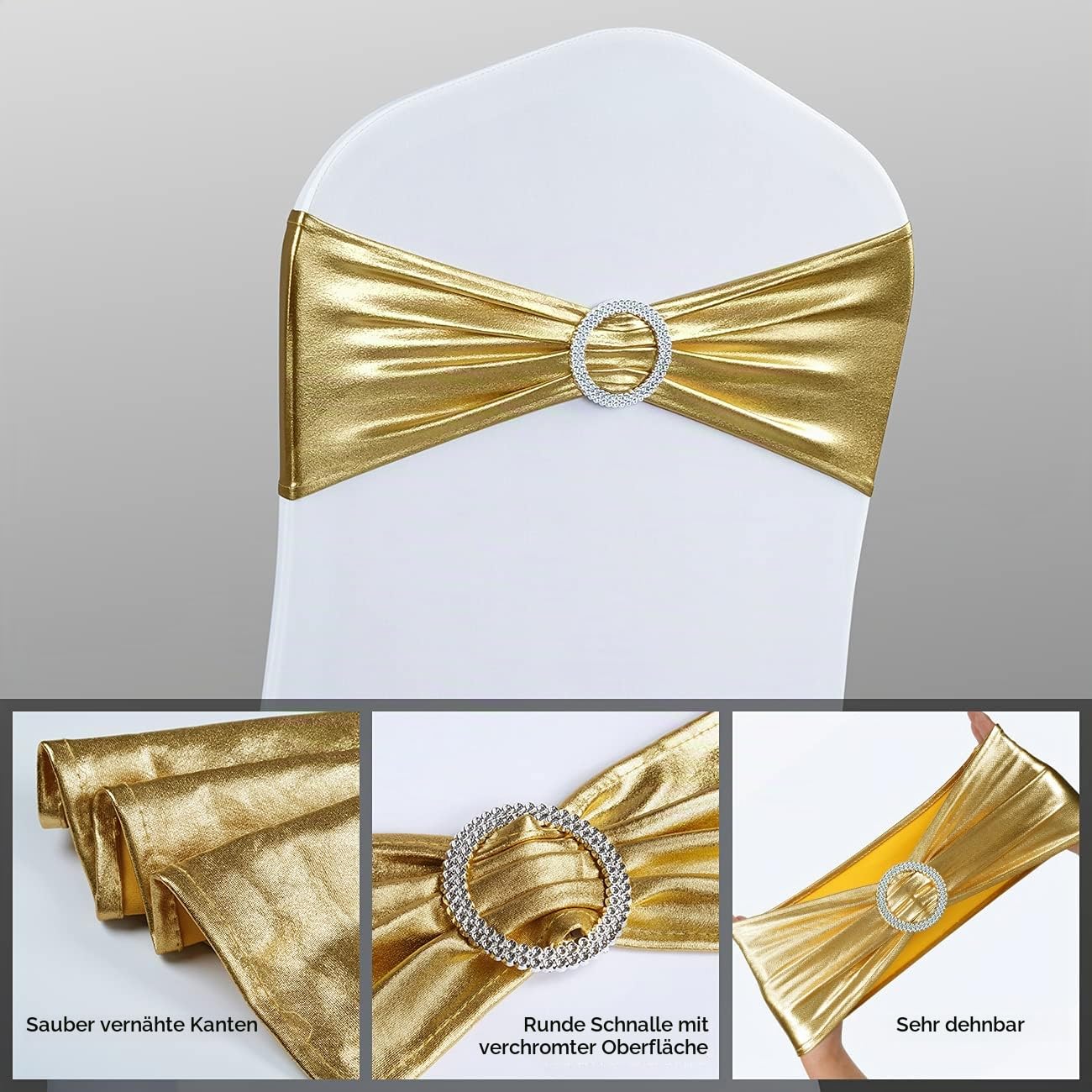 Babenest Spandex-Stuhlschärpen, Schleifen, 30 Stück, Premium-Stretch-Stuhlbezug, Band mit Schnalle, universal, elastische Stuhlbänder für Hochzeit, Party, Bankett, Dekoration (Metallic-Gold)
