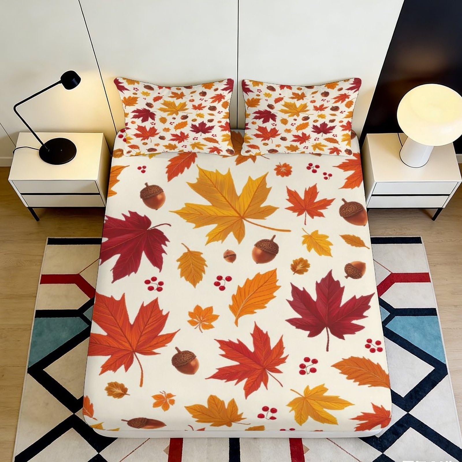 Pnayamiorkfel Style-5 3D Printed Autumn Maple Leaves Fitted Sheet Microfiber Soft Anti-Slip Acorn Bed Cover For Bedroom Decor 90X200x25cm