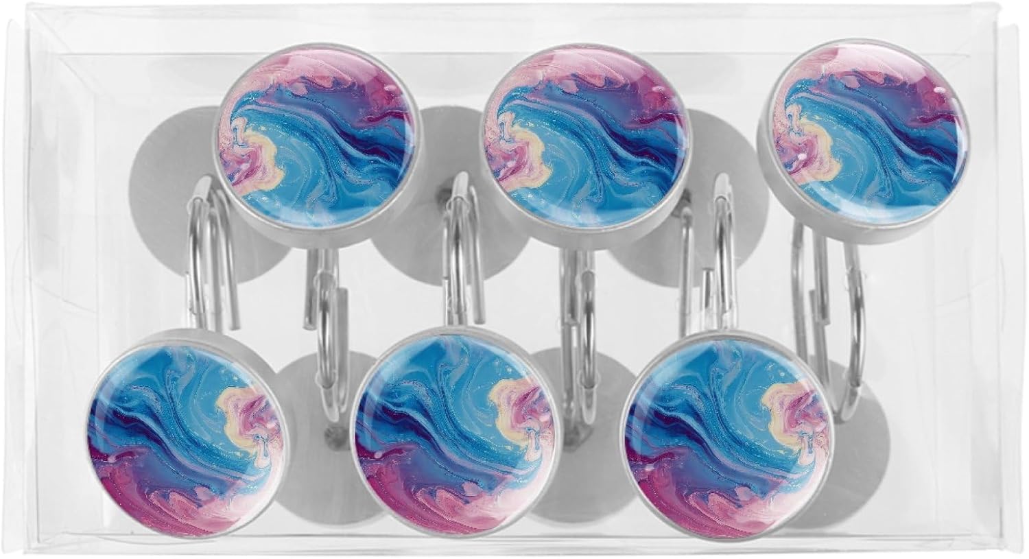 12 Packs Pink Blue Watercolor Marble Shower Curtain Hooks, Stainless Steel Glass Shower Curtain Rings for Bathroom Decor, Metal Rustproof Curtain Rod Hooks