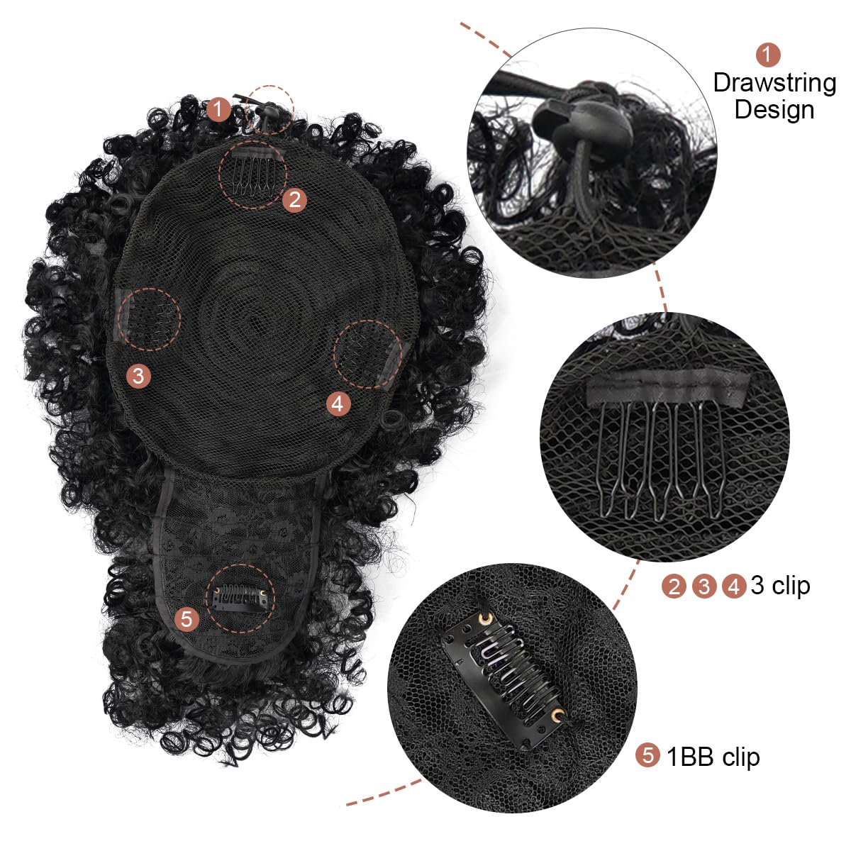 Coda di cavallo con cordoncino, per donne afroamericane, coda di cavallo con frangia, coda di cavallo corta riccia, chignon, extension per capelli (1#)