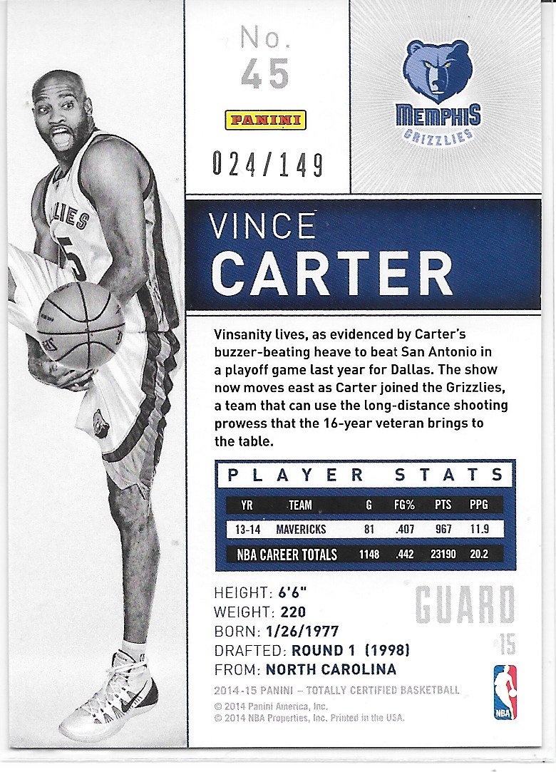 Amazon.com: Vince Carter 2014-15 Totally Certified Platinum Blue