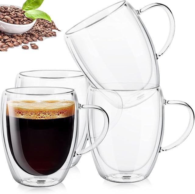 Ciuitixi 4x350ml Double Walled Glass Coffee Cups and Mugs with Handle, Cappuccino Latte Macchiato Glasses Cups, Heat Resistant, Dishwasher Safe, for Hot Drinks Tea Milk Juice Ice Cream