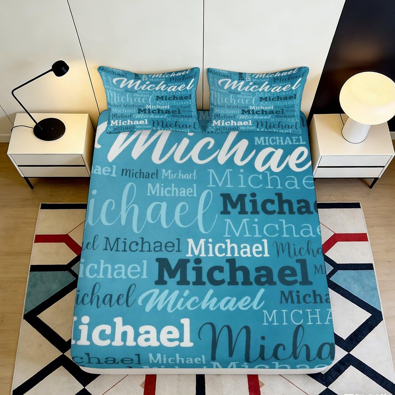 3D Printed Blue Typography Fitted Sheet Microfiber Anti-Slip Letter Pattern Mattress Cover for Bedroom Dorm Decor 90x200x25cm