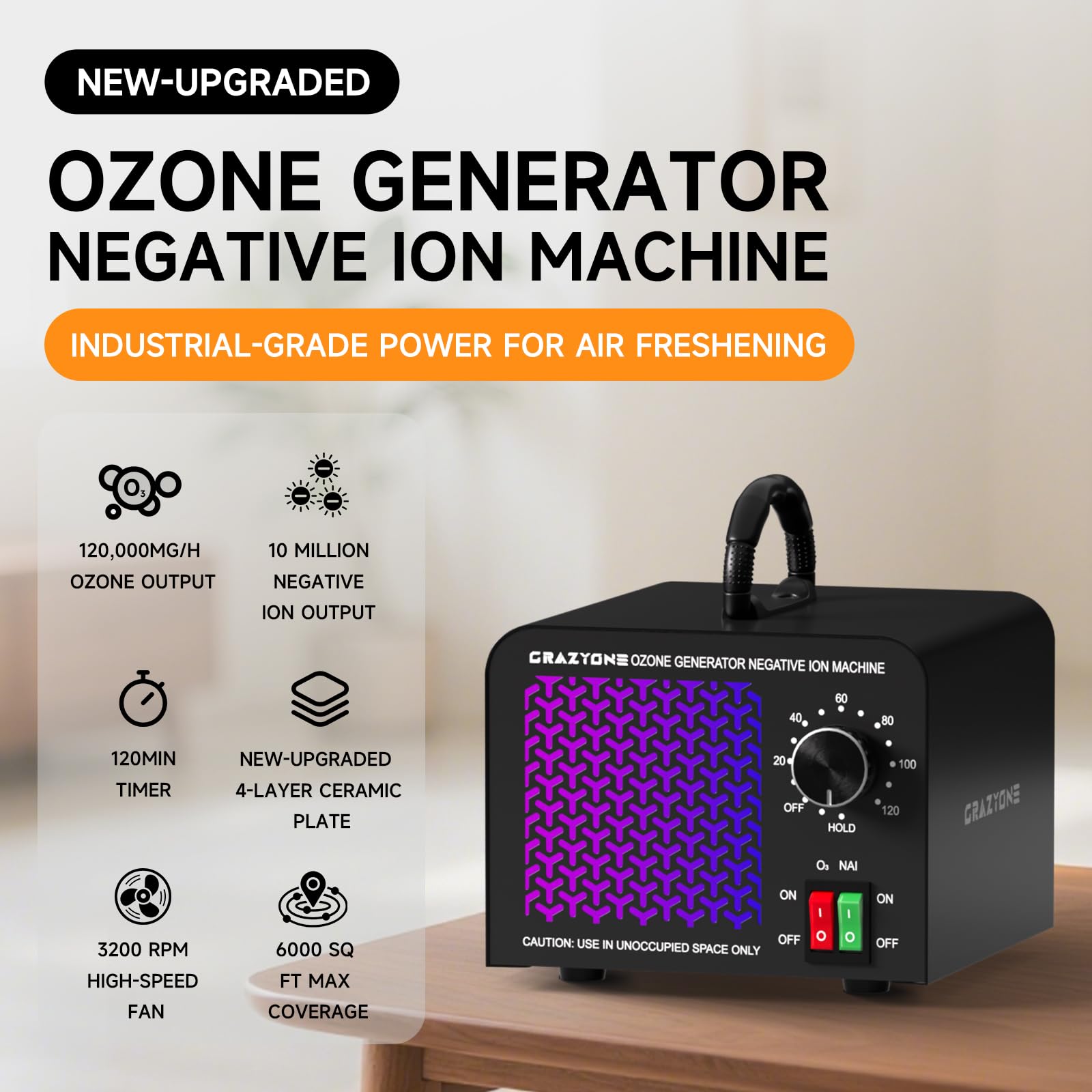 Generador de ozono de 120,000 mg/h, potente eliminador de olores de ozono con iones negativos, eliminación de olores de máquina de ozono para coche, hogar, mascotas, humo, uso comercial/industrial