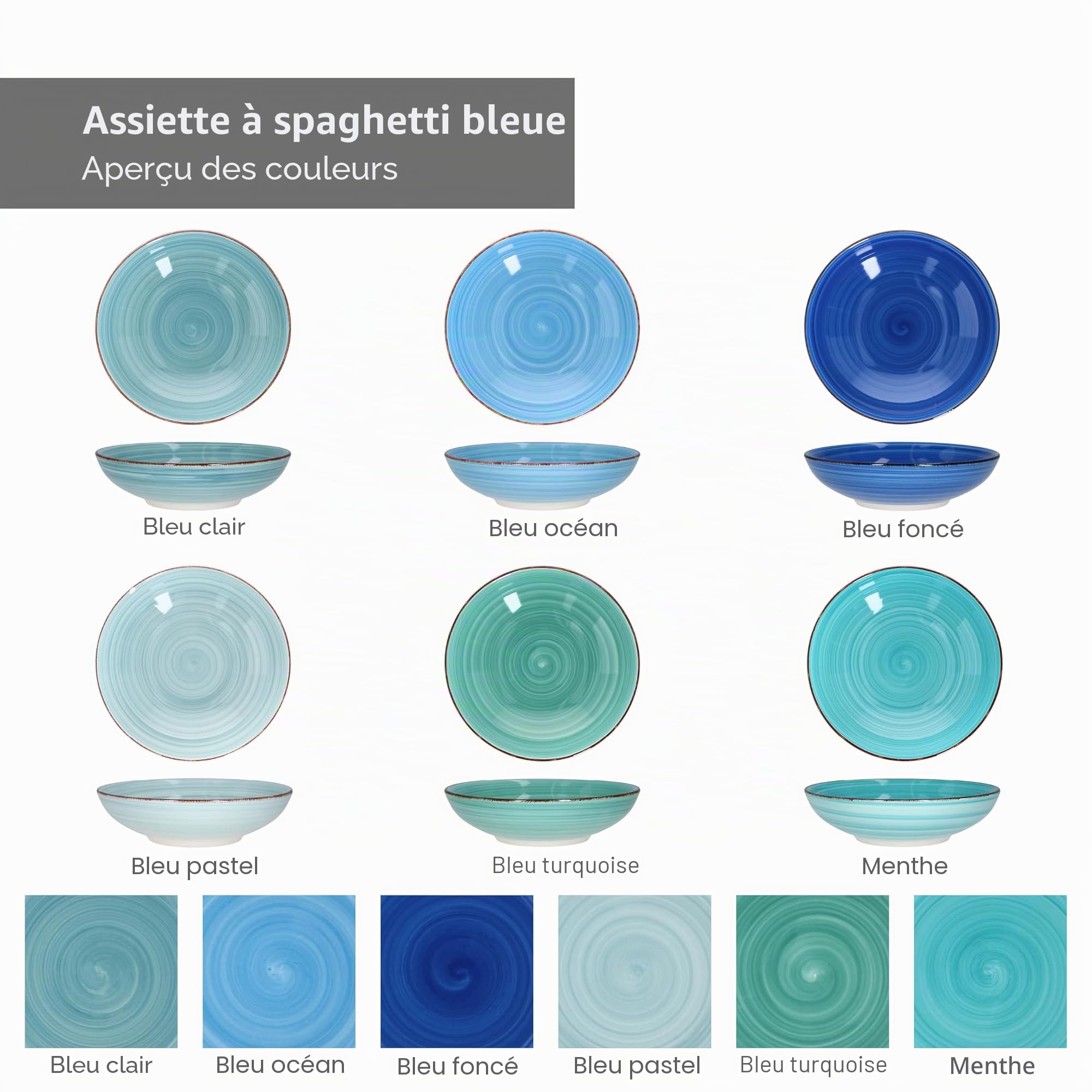 MamboCat Blue Lot de 6 assiettes à spaghetti profondes I Ø 23,5 cm I 800 ml I 6 personnes I Grande assiette à pâtes maritimes Assiette à soupe Bol de service I Vaisselle en grès