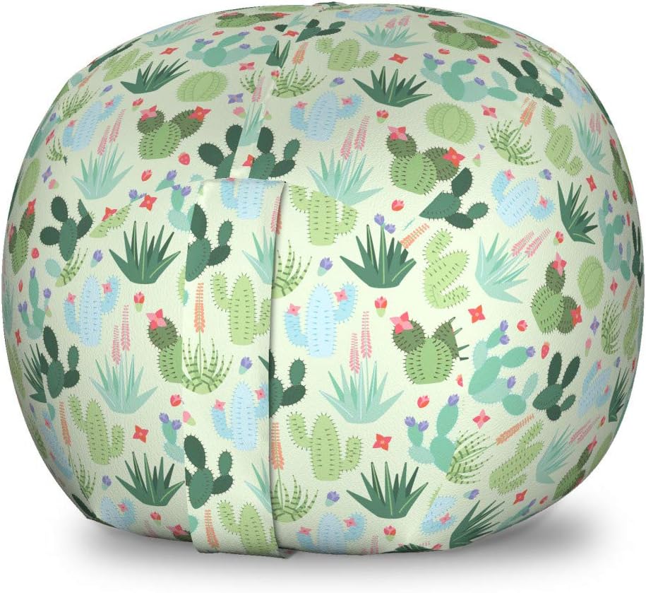 Ambesonne Succulent Storage Toy Bag Chair, Botanical Desert Foliage Pattern Cactus Plants and Blossoming Petals, Stuffed Animal Organizer Washable Bag, Small Size, Pastel Green Multicolor
